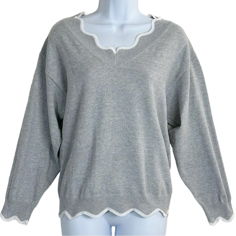 Knitted Wool Gray White Scalloped Neckline Pullover Sweater Misslook Medium - Picture 1 of 14